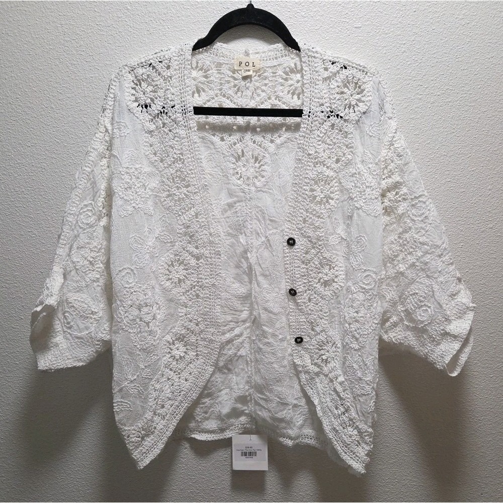 Women's POL The Cora Top White Lace Embroidered Boho One Size Oversize Cardigan